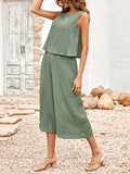 Momentlover Solid Color Wide Leg Sleeveless Round-neck Jumpsuits