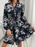 Momentlover Flower Print Elasticity Drawstring Buttoned Loose Long Sleeves V-Neck Mini Dresses