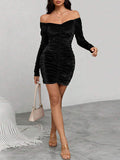 Momentlover Velvet Solid Color Pleated Long Sleeves High Waisted Off-The-Shoulder Mini Dresses