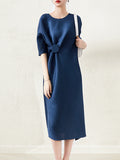 Momentlover Stylish Irregularity Loose Pleated Solid Color Round-Neck Midi Dresses