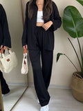 Momentlover Solid Color Split-Side Lapel High-Low Buttoned Blouses Top+ High Waisted Elasticity Pants Two Pieces Set