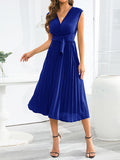 Momentlover Tied Waist Solid Color Pleated Sleeveless V-Neck Midi Dresses