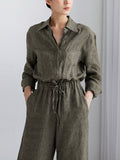 Momentlover Urban Linen Drawstring Elastic Waisted Wide Leg Long Sleeves Jumpsuits