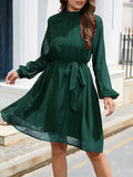 Momentlover Split-Joint Solid Color Belted Loose Round-neck Mini Dresses