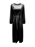 Momentlover Zipper Tied Waist Solid Color High-Waisted Wrap Round-neck Maxi Dresses