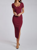 Momentlover Split-side Solid Color Skinny Short Sleeves Round-neck Midi Dresses