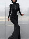 Momentlover Split-Joint Solid Color Long Sleeves Bodycon High Neck Maxi Dresses