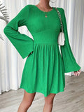 Momentlover Solid Color Pleated Loose Long Sleeves Round-Neck Mini Dresses