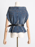 Momentlover Boat Neck Loose Sleeveless Belted Buttoned Fringed Pockets Vest Top + Pants Bottom Two Pieces Set