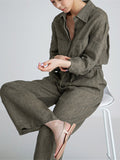 Momentlover Urban Linen Drawstring Elastic Waisted Wide Leg Long Sleeves Jumpsuits