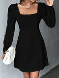 Momentlover Split-Joint Solid Color Puff Sleeves Long Sleeves Square-Neck Mini Dresses