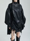 Momentlover Solid Color Pleated Drawstring Puff Sleeves Loose Stand Collar Mini Dresses