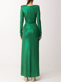 Momentlover Long Sleeves Solid Color V-Neck Evening Maxi Dresses