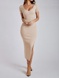 Momentlover Split-side Solid Color Skinny Short Sleeves Round-neck Midi Dresses