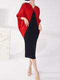 Momentlover Pleated Contrast Color Loose Batwing Sleeves Round-neck Midi Dresses