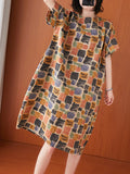 Momentlover Artistic Retro Colorful Plaid Short Sleeve Dress