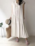 Momentlover Tiered Split-Joint Solid Color Ruffled Pleated Buttoned Sleeveless Loose Stand Collar Midi Dresses