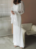 Momentlover Split-Joint Solid Color See-Through Pleated Gauze Skinny Flared Sleeves Square-neck Maxi Dresses