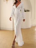 Momentlover Sequined Solid Color Split-Front Tied Waist Bodycon Long Sleeves V-Neck Maxi Dresses