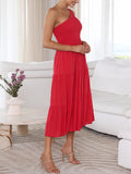 Momentlover Solid Color Pleated Loose One-shoulder Midi Dresses