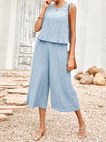 Momentlover Solid Color Wide Leg Sleeveless Round-neck Jumpsuits