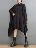 Momentlover Solid Color Pockets Buttoned Asymmetric Loose Long Sleeves Lapel Shirt Dress Midi Dresses