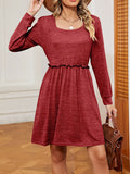 Momentlover Solid Color Pleated Loose Long Sleeves Square-Neck Mini Dresses