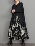 Momentlover Split-Joint Flower Print Asymmetric Loose Long Sleeves V-Neck Midi Dresses