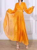 Momentlover Solid Color Pleated Belted Puff Sleeves Loose V-Neck Maxi Dresses