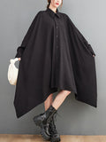 Momentlover Solid Color Pockets Buttoned Asymmetric Loose Long Sleeves Lapel Shirt Dress Midi Dresses