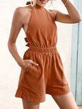 Momentlover Solid Color Ribbed Sleeveless Loose Halter-Neck Rompers