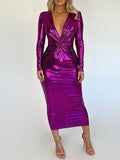 Momentlover Split-Joint Solid Color Shiny Pleated Long Sleeves Bodycon V-Neck Midi Dresses