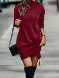 Momentlover Casual Long Sleeves Solid Color High-Neck Mini Dresses