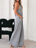 Momentlover Split-Joint Solid Color Pockets Wide Leg Sleeveless Round-Neck Jumpsuits