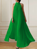 Momentlover A-Line Sleeveless Pleated Solid Color Halter-Neck Maxi Dresses