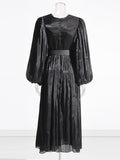 Momentlover Solid Color Pleated Belted Puff Sleeves Loose V-Neck Maxi Dresses