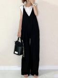 Momentlover Split-Joint Solid Color Sleeveless Loose V-Neck Overalls