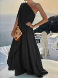 Momentlover Simple Asymmetric Solid Color One-Shoulder Maxi Dresses