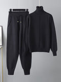 Momentlover Casual Solid Long Sleeves High-Neck Sweater Tops & Drawstring Wide Leg Pants Suits