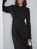 Momentlover Solid Color Pleated Hollow Backless Loose Long Sleeves Round-Neck Midi Dresses