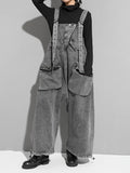 Momentlover Split-Joint Pockets Sleeveless Loose Overalls Jean Pants Bottoms