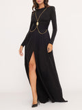 Momentlover Long Sleeves Backless No Body Chain Pleated Solid Color Tied Waist Maxi Dresses