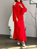 Momentlover Flared Sleeves Asymmetric Buttoned Hollow Solid Color Zipper Cold Shoulder Evening Dresses Maxi Dresses