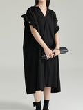 Momentlover Solid Color Pleated Falbala Drawstring Short Sleeves Loose V-Neck Shirt Dress Midi Dresses