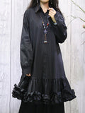 Momentlover Solid Color Ruffled Pleated Buttoned Loose Long Sleeves Lapel Shirt Dress Midi Dresses