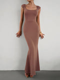 Momentlover Solid Color Sleeveless Skinny Square-Neck Maxi Dresses