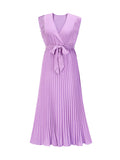 Momentlover Tied Waist Split-Joint Solid Color Pleated Floral Sleeveless Loose V-Neck Maxi Dresses