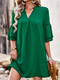 Momentlover Split-Joint Solid Color Hollow Three-Quarter Sleeves Loose V-Neck Mini Dresses