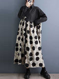 Momentlover Split-Joint Polka-Dot Buttoned Asymmetric Loose Long Sleeves Lapel Shirt Dress Midi Dresses