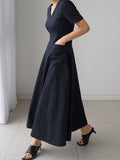 Momentlover Simple Casual Solid Color Pleated Midi Dress